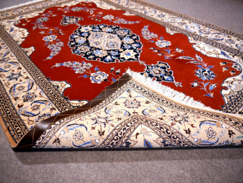 Preview: Nain 6 la Premium Rug with silk 4x6 hand-knotted beige red blue 10774 Preview: Nain 6 la Persian Rug 4 x 6 ft - Very fine Shish La carpet - an original  made in Persia. Made of fine kurkwool and pure natural silk KPSI 600 - 650. Living room, Bedroom